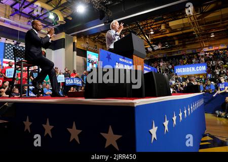 Rockville, USA. 25th Aug, 2022. US President Joe Biden participates in a rally for the Democratic National Committee at Richard Montgomery High School, Rockville, Maryland on August 25, 2022. Photo by Yuri Gripas/Pool/Sipa USA Credit: Sipa USA/Alamy Live News Stock Photo