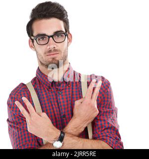 Peace. Im out.Studio portrait of a young man with attitude showing a peace gesture against a white background. Stock Photo