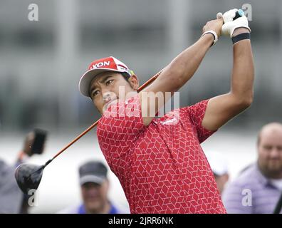 Hideki Matsuyama of Japan hits off the sixth tee during the first round of the Tour Championship at East Lake Golf Club in Atlanta, Georgia, on Aug. 25, 2022. (Kyodo)==Kyodo Photo via Credit: Newscom/Alamy Live News
