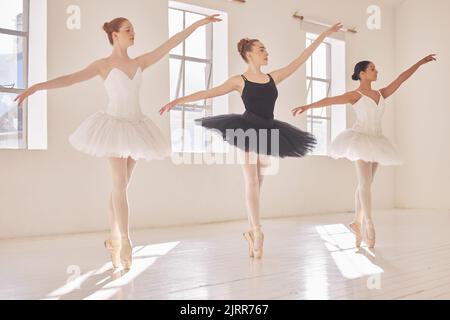 Diversity women in ballet dance collaboration, art school team performance and dancing in class studio. Young professional dancer or group of creative Stock Photo