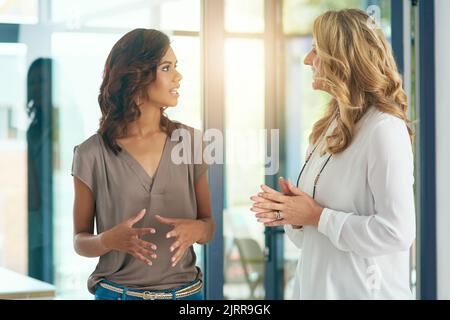 Lets run over our plan real quick. two businesswomen having a discussion in an office. Stock Photo