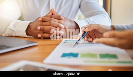 Business people planning with paper in meeting at work, team working on finance strategy with data and collaboration for marketing discussion in Stock Photo