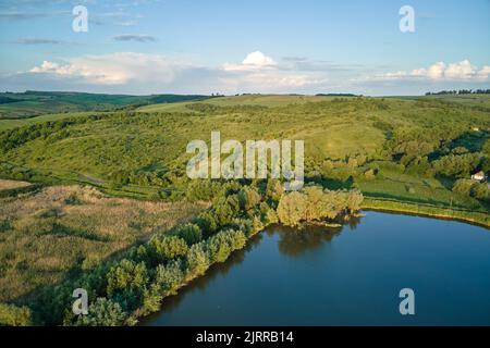 Aerial view of fish hetching pond with blue water in aquacultural area Stock Photo