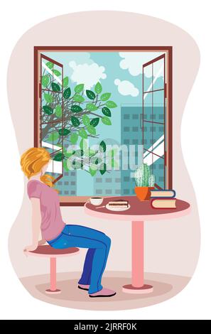 Blond girl sit on chair and looking at the tree with green leaves and buildings behind open window illustration. Stock Vector