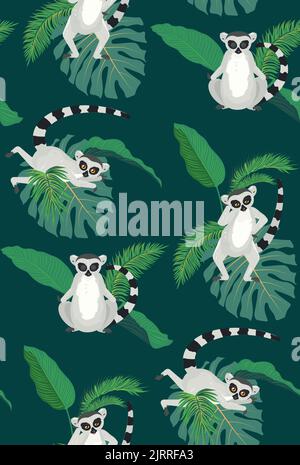 Cartoon gray lemur catta with tropical leaves pattern illustration. Stock Vector