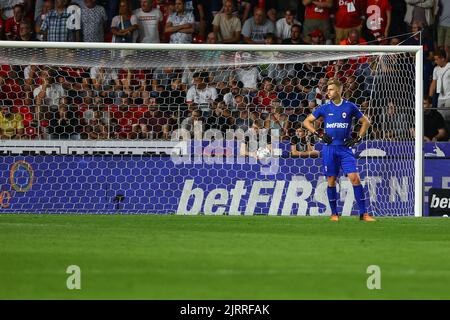 Antwerp's goalkeeper Jean Butez looks dejected during a soccer game between Belgian Royal Antwerp FC and Turkish Istanbul Basaksehir FK, Thursday 25 August 2022 in Antwerp, the return game of the play-off for the UEFA Conference League competition. BELGA PHOTO DAVID PINTENS Stock Photo