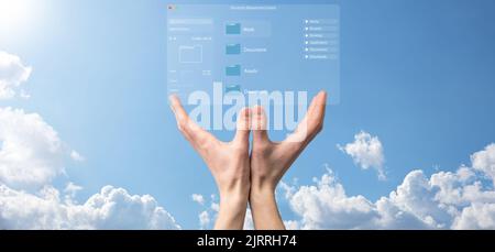 Document management concept. Virtual screen icons Document Management System DMS Online document database, software for efficient archiving, searching Stock Photo