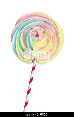 Lollipop sweet candy yellow, blue, pink with beads and hearts on stick on white isolated background. Gift for Christmas, New Year, Birthday. Food Stock Photo