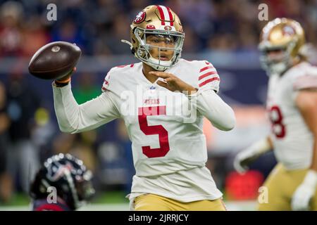 San Francisco 49ers quarterback Trey Lance 5 passes the ball