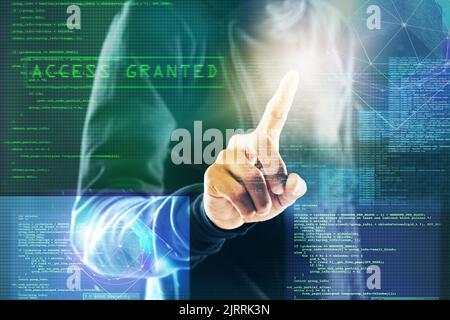 Reaching for your personal information. an unidentifiable computer hacker posing against a dark background in studio. Stock Photo
