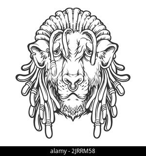 Lion head cool with dreadlock monochrome Vector illustrations for your work Logo, mascot merchandise t-shirt, stickers and Label designs, poster, gree Stock Photo