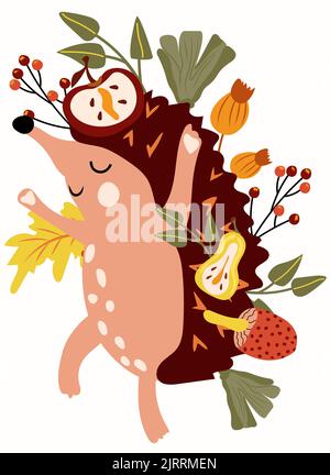 Cute Autumn composition with a dancing hedgehog, apple, pear, red berry and leaves. Perfect for web, harvest festival, banner, card and Thanksgiving. Vector illustration. Stock Vector