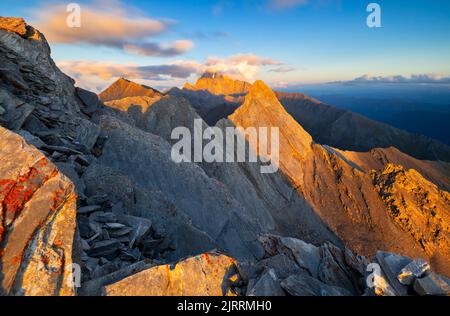 Monviso from Pain de Sucre at sunset during summer, Col Agnel, Alpi Cozie, Alpi del Monviso, Cuneo, Piedmont, Italy, Southern Europe Stock Photo