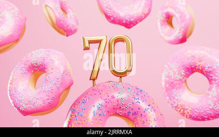 Happy 70th birthday celebration background with pink frosted donuts. 3D Rendering Stock Photo