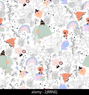 Seamless Pattern with Cute Animals celebrating Birthday Stock Vector