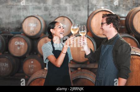 Wine, glass and toast with a couple who drink alcohol in a cellar, distillery or winery estate together. Farming, collaboration and teamwork with a Stock Photo