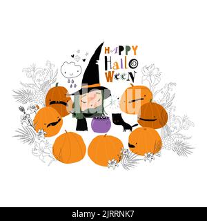 Halloween Witch cooks a Magic Potion in a Cauldron Stock Vector