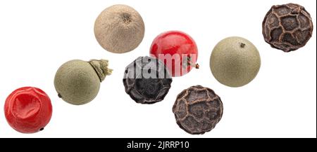 Falling peppercorns isolated on white background Stock Photo