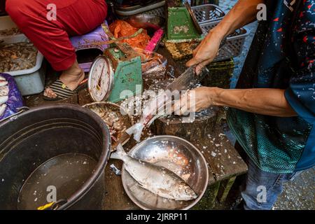 Indonesia, June 13 2022 - Fish are cut open and prepared for sale at a market. Stock Photo