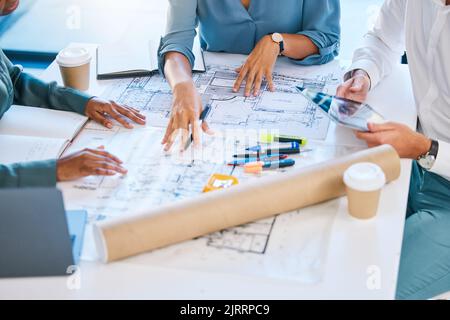 Architect blueprints, engineers and designers analyzing drawing, draft and sketch plan for construction project, layout and building. Closeup of team Stock Photo