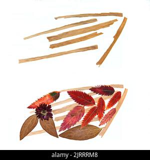 oil paint dry leaf  corn, arrow; pointer; direction; band; stick pressed leaves of plants collected and pasted on wooden planks,  Ikebana  draw object Stock Photo