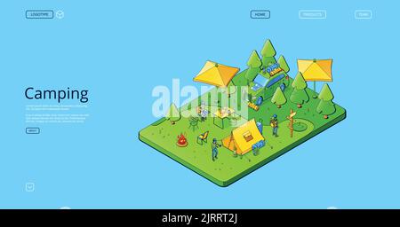 Camping isometric landing page, summer camp with people, car, campfire, tents, table, umbrella, barbecue and chairs in forest. Summertime vacation, tr Stock Vector