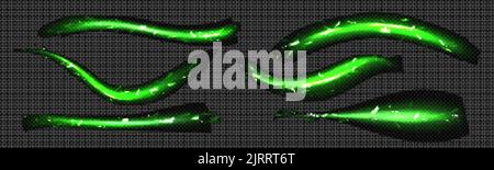 Abstract neon light lines with sparkles isolated on transparent background. Vector realistic set of magic green glow streaks, horizontal energy flare Stock Vector