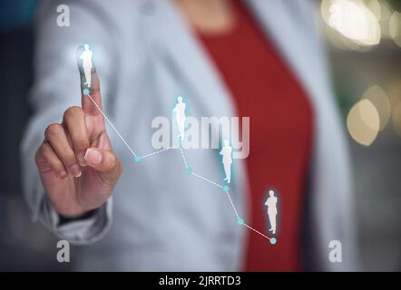 Networking, investigation and touchscreen technology with the hand of a business woman pointing to you or demographics. A female user touching a Stock Photo