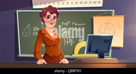 School teacher stand in classroom at blackboard with algebra formula. Female lecturer wear formal suit teaching in college or university class. Woman Stock Vector
