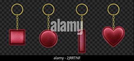 Red leather keychains realistic vector set. Luxury trinkets of square, rectangular, round, heart shape with golden metal chain and ring isolated on tr Stock Vector