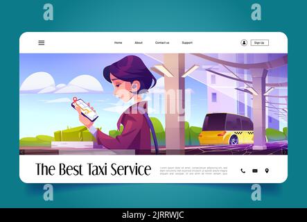 The best taxi service cartoon landing page, woman with smartphone ordering car in application, automobile waiting passenger on city street, advertisin Stock Vector