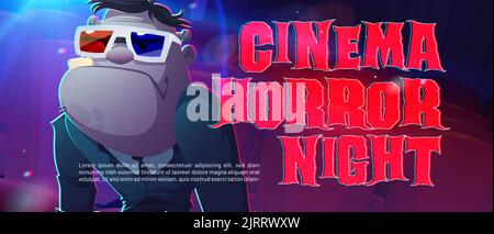 Cinema horror night banner with zombie character in 3d glasses. Vector poster of Halloween film festival with cartoon illustration of creepy monster a Stock Vector