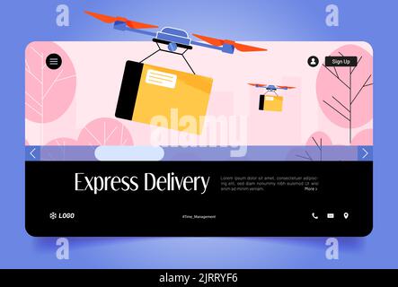 Express delivery web banner with drone carry parcel. Logistic innovation, automated aerial shipping, fast post service with unmanned quadcopter fly wi Stock Vector