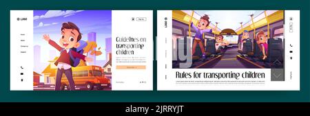 Children transporting rules and guideline landing pages. Funny little students sitting inside of school bus. Happy pupil boy waving hands. Safety for Stock Vector