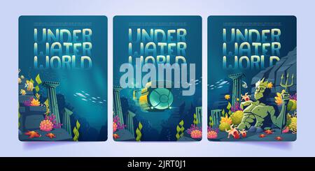 Cartoon underwater landscape banners with sea fishes and ocean animals ...