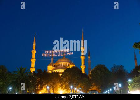 Islamic photo. Sultanahmet or Blue Mosque in Istanbul at night. Ramadan or kandil or laylat al-qadr or kadir gecesi background. Mohammad the messenger Stock Photo