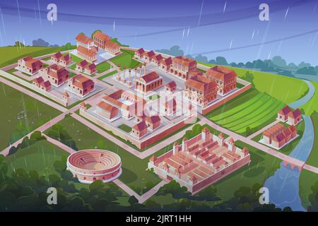 Ancient roman city on river coast in rain. Isometric architecture of old italian town with amphitheater, taberna, square with columns, bridge and cast Stock Vector