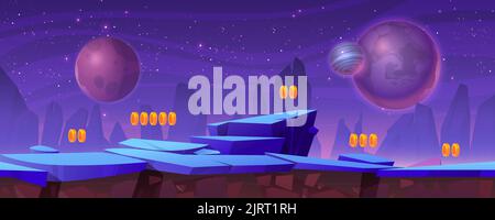 Space game level background with rocky platforms and golden bonus assets. Extraterrestrial cosmic landscape with alien planets, stars, coins, gui inte Stock Vector