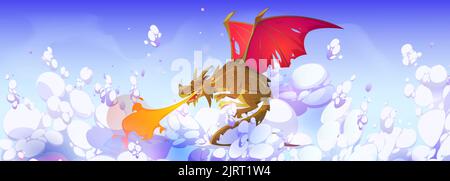 Fire breathing dragon flying in sky. Fairy tale scary monster from medieval mythology, magic green beast with red wings exhaling flame in sky with whi Stock Vector