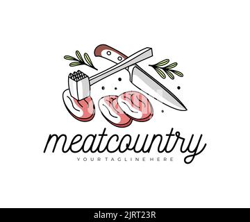 Butcher shop, meat, rosemary, knife and meat tenderizer mallet, logo design. Hammer for tenderizing steak out chicken, pork, veal, food and meal Stock Vector