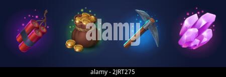 Game props icons dynamite, golden coins in sack, pickaxe and pink crystals ui or gui design elements. Game assets, gold mine items money, pick and gem Stock Vector