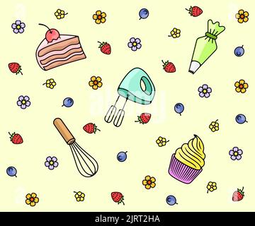 Confectionery, food, confectionery utensils, seamless vector background, wallpaper, banner, pattern. Piece of cake, cupcake, electric mixer, whisk Stock Vector