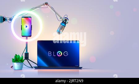 Blogger workplace. Streamer table with laptop, microphone, phone, led ring lamp on tripod, neon. Bright room of internet blogger in white colors. Home Stock Vector