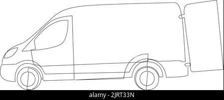 Cargo van with open doors continuous one line drawing. Truck, lorry minimalistic sketch. Logistics, conveyance service automobile. Goods transportatio Stock Vector