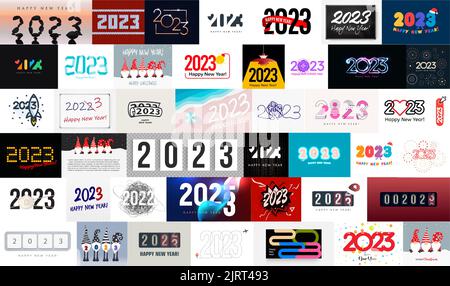 Big collection of 2023 New Year posters and logos for new year event decoration, greeting cards, calendar and winter holiday banners. Vector Stock Vector