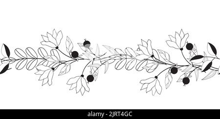 Vintage rustic seamless pattern border with floral motif. Flowers black and white line illustration. Flower, big berry branches and leaves Stock Vector