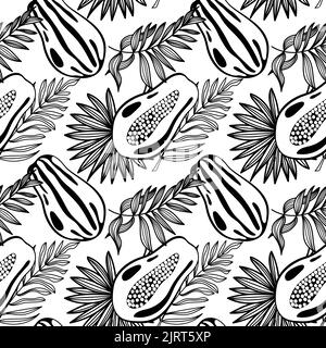 Seamless pattern of papaya and tropical leaves, hand-drawn doodle elements in a black and white palette. Whole papaya and core. Palm leaves. Image of Stock Vector