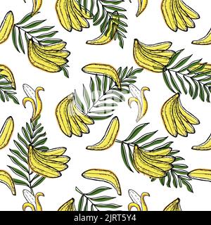 A seamless pattern of bananas and tropical leaves, hand-drawn doodle elements in sketch style. Whole bananas and open. Palm leaves. Image of summer fr Stock Vector