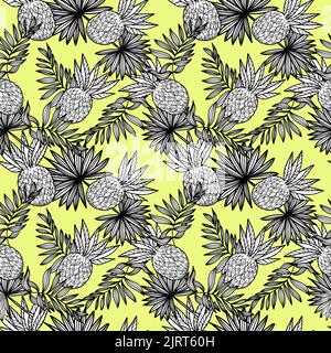 A seamless pattern of pineapples and tropical leaves, hand-drawn doodle elements in sketch style. Whole pineapples. Palm leaves. Image of summer fruit Stock Vector
