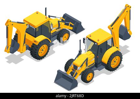 Isometric Yellow Tractor with backhoe and loader toy isolated on white . Heavy yellow mining excavator, construction machinery. Yellow Wheel front Stock Vector